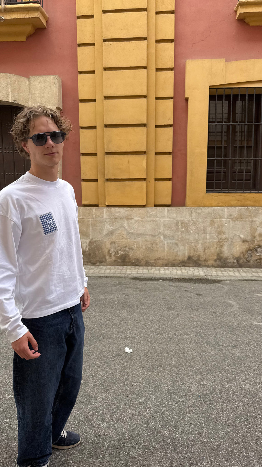 Longsleeve Tee White/Blue Applique Embroidery